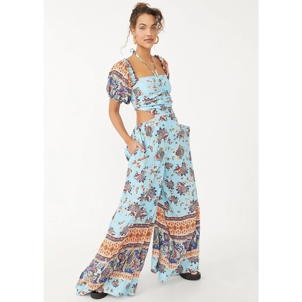 FREE People Blue Bali Citrus Skies Paisley Puff Sleeve Jumpsuit size Small